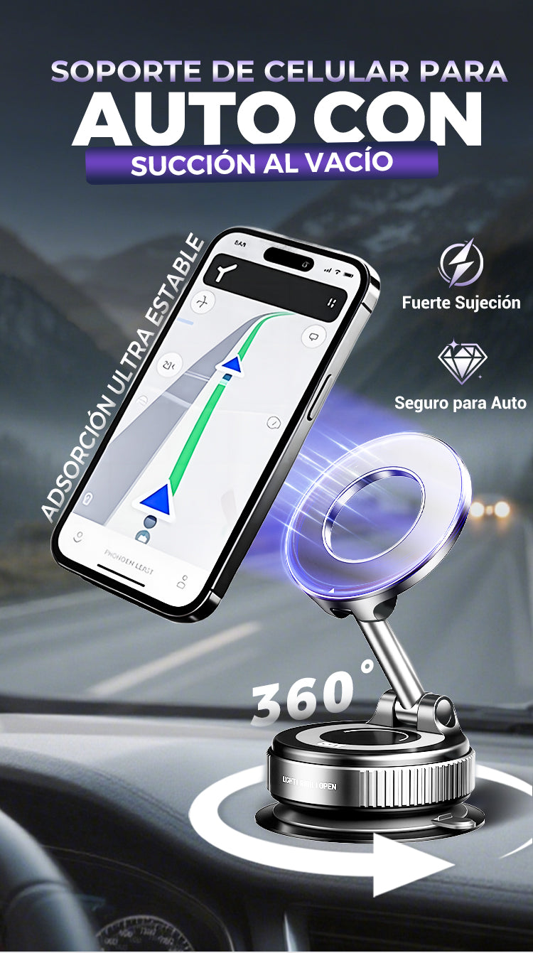 Soporte Magnético con Succión al Vacío – Rotación 360°, Aleación de Zinc, MagSafe